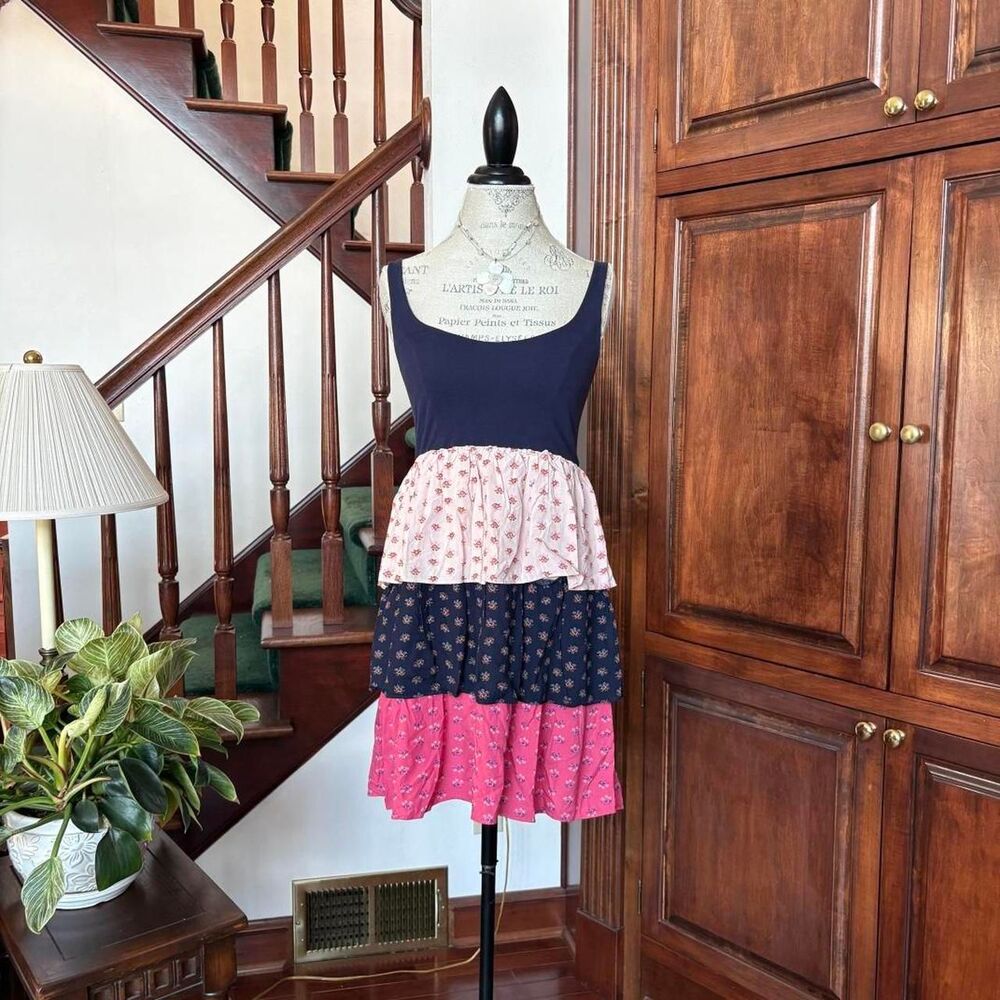 Lilka Navy Blue and Pink Dainty Floral Print Ruffle Sundress Summer Cute Spring